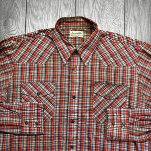 Scrambler Mens Western Snap Shirt Plaid Red Blue Orange Large L Pearl Snap Yoke